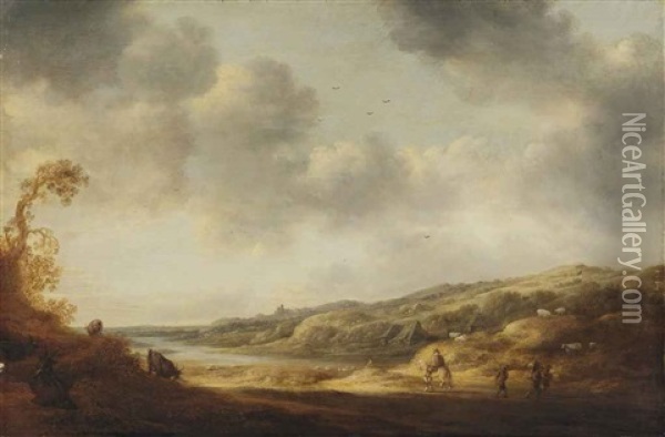 A River Landscape With Travellers On A Path Oil Painting - Francois Van Knibbergen