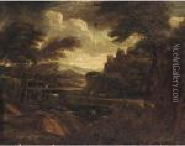 A Classical Landscape With Figures On A River Side Track Oil Painting - Gaspard Dughet Poussin