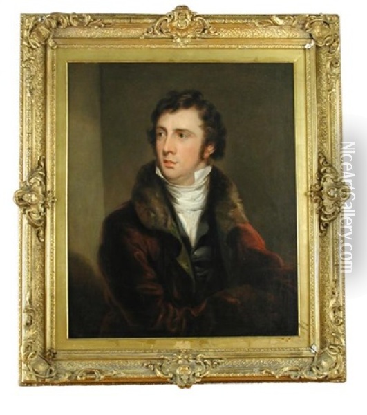 Portrait Of A Gentleman, In A Fur-lined Red Jacket Oil Painting - Sir Martin Archer Shee