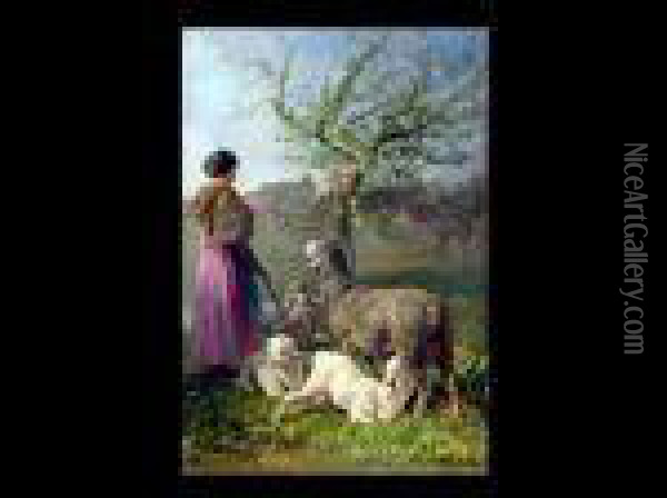Junge Schaferin Mit Schafen Unter Einem Blutenbaum Oil Painting - Charles Emile Jacque