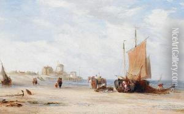 Beach Scene With Fisherfolk And Boats Oil Painting - Edward Pritchard
