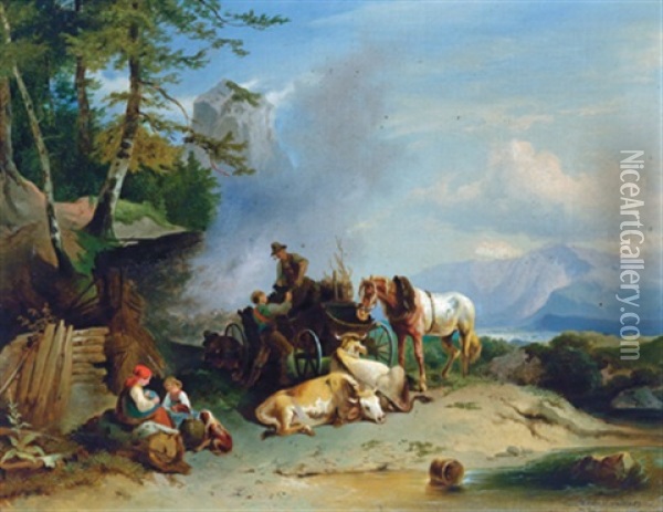 Ein Kohlenmeiler Aus Der Gegend Des Schneeberges (after Friedrich Gauermann) Oil Painting - Anton (Josef A.) Strassgschwandtner
