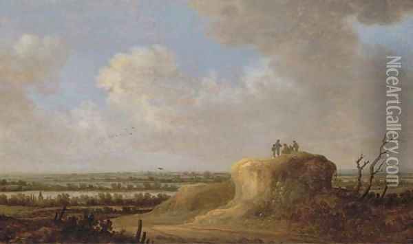 An extensive river landscape with peasants resting on a hill Oil Painting - Johannes Pietersz. Schoeff