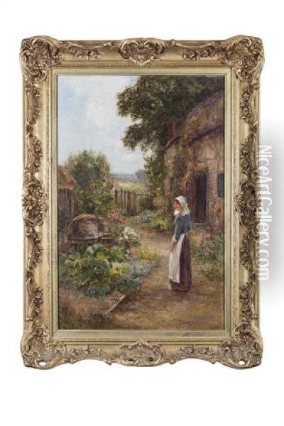 Maid In A Country Kitchen Garden Oil Painting - Ernest Walbourn