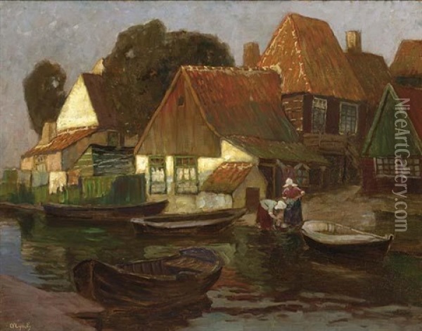Washerwomen Near The Waterside Volendam (?) Oil Painting - Carl (Karl, Charles) O'Lynch of Town