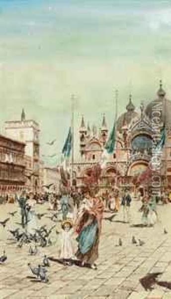 Travellers In The Piazza San Marco, Venice Oil Painting - Carlo Menegazzi