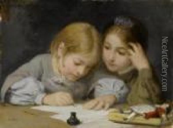 The Writing Lesson Oil Painting - Albert Anker