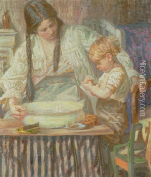 Ved Vaskebaljen. En Lille Lysharet Dreng Vasker Sig, Mens Mor Ser Pa Oil Painting - Luplau Janssen