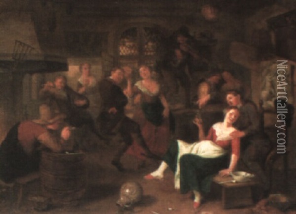 Peasants Drinking And Revelling In A Tavern Oil Painting - Richard Brakenburg
