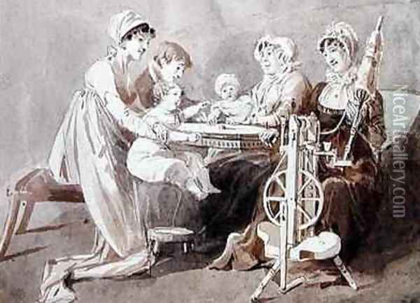 A Woman with her Family at a Spinning Wheel Oil Painting - John Harden