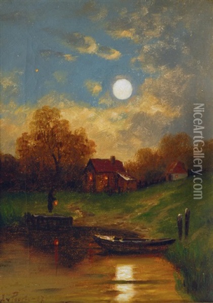 Winterhude In The Moonlight Oil Painting - Jacobus Johannes Van Poorten