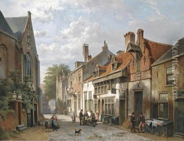 Figures In The Streets Of A Dutch Town Oil Painting - Willem Koekkoek