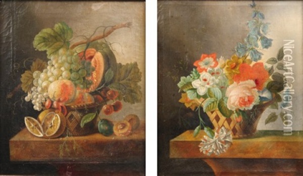 Nature Morte Aux Raisins Et Citrons (+ Bouquet De Fleurs; Pair) Oil Painting - Johannes Cornelis de Bruyn