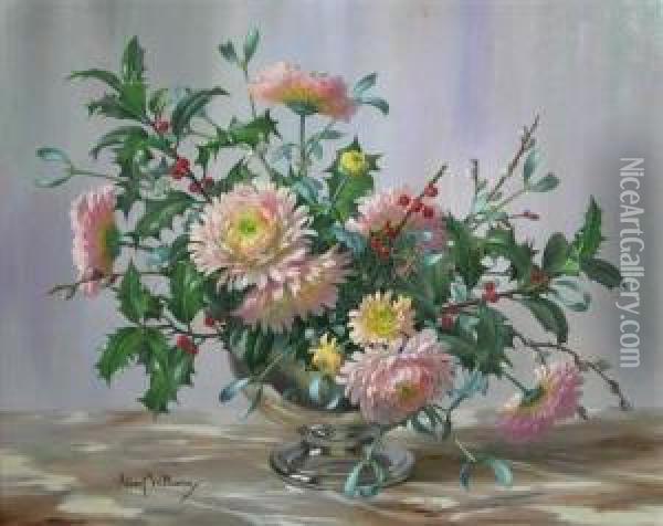 Still Life Of Chrysanthemum And Holly Oil Painting - Albert Curtis Williamson