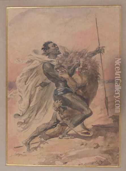 Struggle between a Warrior and a Lion Oil Painting - Alexandre-Marie Colin