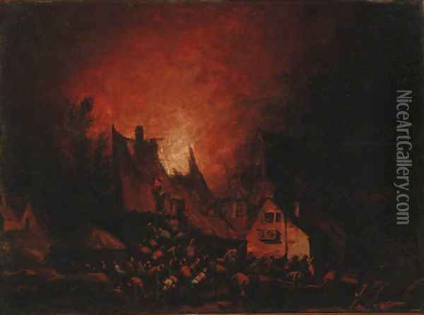 A village on fire Oil Painting - Egbert van der Poel