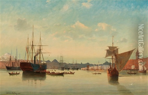 A View Of The Port In Istanbul Oil Painting - Daniel Hermann Anton Melbye