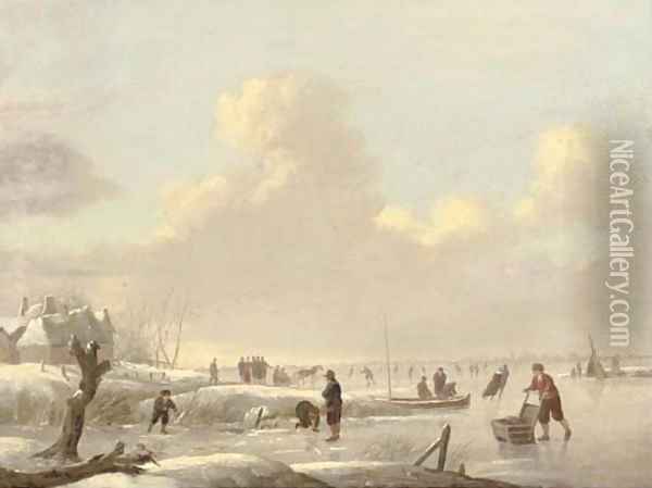 A winter landscape with skaters on a frozen river, a tent and a town beyond Oil Painting - Andries Vermeulen