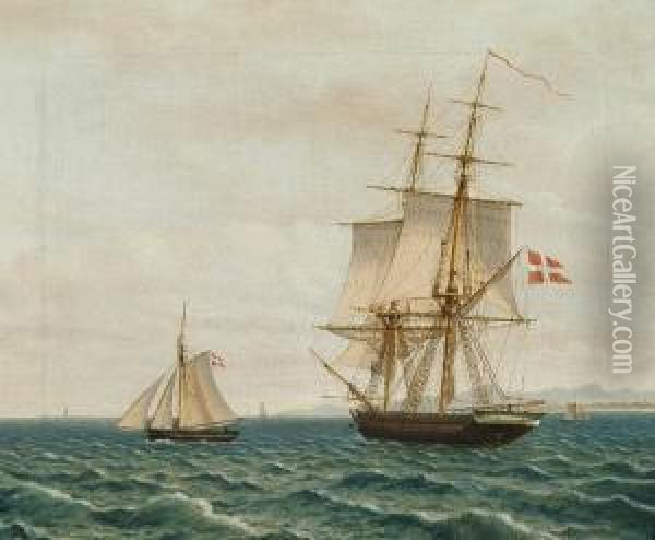 A Pilot Boat, A Brig And A Cutter At The Sea Oil Painting - Christoffer Wilhelm Eckersberg