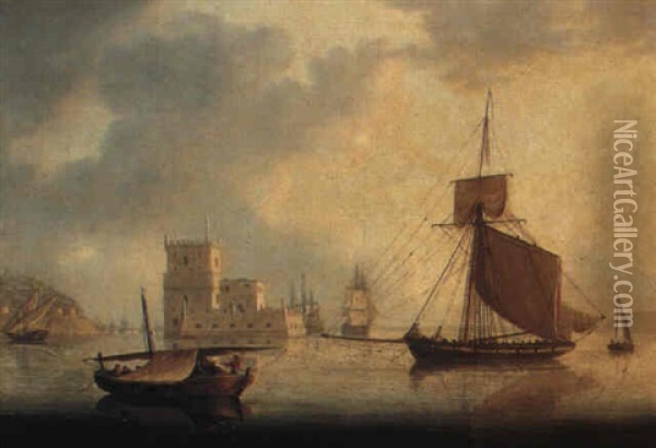 Naval Cutter By Belem Tower At The Mouth Of The Tagus Oil Painting - William Anderson