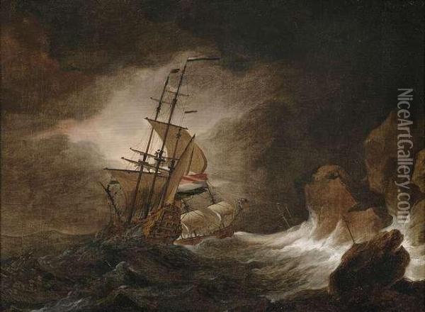 Two Three-master In Rough Sea At A Rocky Coast. Oil Painting - Willem van de, the Elder Velde