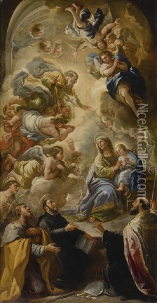 Saint Anne And The Young Virgin Blessed By God The Father And The Holy Ghost With Saints Sebastian, James The Greater, Ignatius And Another Male Saint Oil Painting - Luca Giordano
