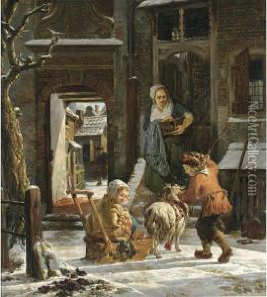 A Winter Scene With A Girl On A 
Sledge Drawn By A Goat And Driven By A Boy, Before A House With A Lady 
In The Door Holding A Foot-warmer Oil Painting - Abraham van, I Strij