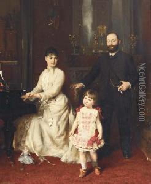 Portrait Of A Gentleman And His Wife With Their Young Child In Aninterior Oil Painting - H. Knut Ekwall