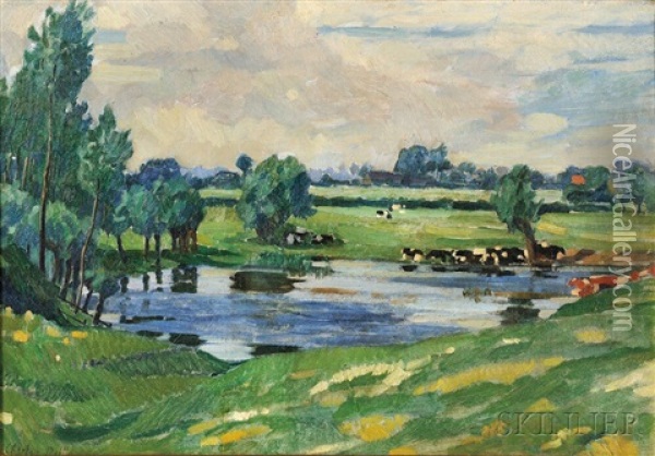Pasture With Cattle Wading Oil Painting - Charles Reiffel