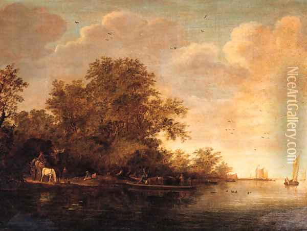 Travellers on a horse and a wagon by a landing stage by a river, peasants and cattle on a ferry nearby, on a cloudy day Oil Painting - Salomon van Ruysdael