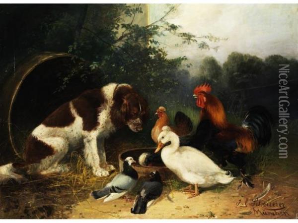 Geflugel Und Hund Oil Painting - Julius Scheurer