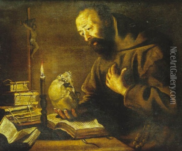 Saint Ermite Meditant A La Chandelle Oil Painting - Trophime (Theophisme) Bigot the Elder