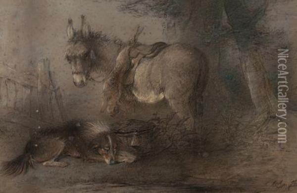 The Gamekeeper's Donkey And Dog Waiting By A Tree Oil Painting - Edward Robert Smythe
