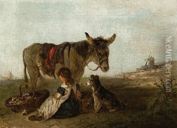 Girl On Donkey On The Sea Shore Oil Painting - Edward Robert Smythe