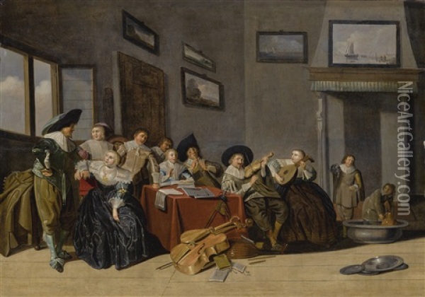 An Interior Scene With Cavaliers And A Group Of Ladies Playing Music Around A Table, With Two Figures Preparing To Serve Wine At The Right Oil Painting - Dirck Hals