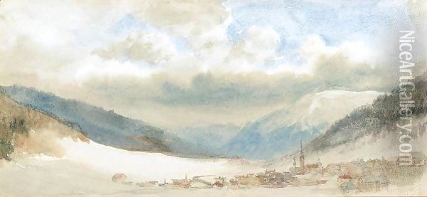 A Swiss Alpine Village In Winter Oil Painting - John Ruskin