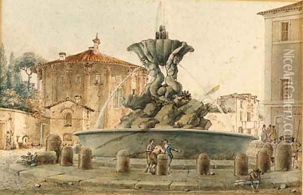 The Fountain of the Piazza Santa Maria in Cosmedin with the Temple of Cybele, Saint Peter in the background, Rome Oil Painting - Victor Jean Nicolle