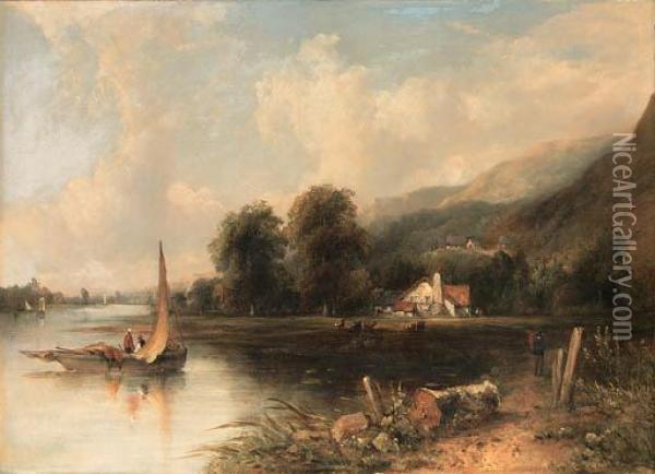 An Extensive Wooded River 
Landscape With Fishermen In Theforeground And Cattle And A Cottage 
Beyond Oil Painting - Frederick Waters Watts