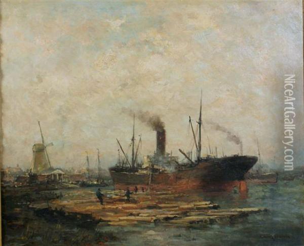 Loading Timber In Rotterdam Oil Painting - Jan Van Der Linde