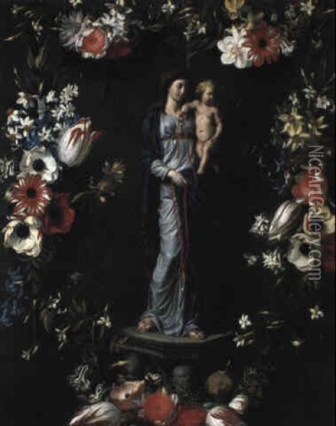 Vierge A L'enfant Entouree D'une Guirlande De Fleurs Oil Painting - Daniel Seghers