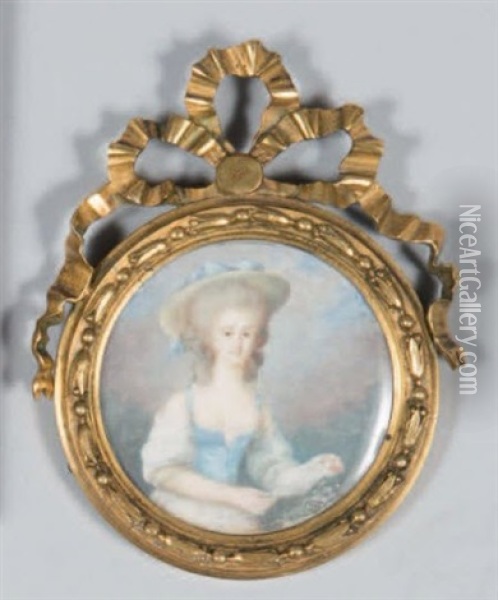 Une Jeune Femme En Robe Bleu Et Blanche Sur Fond De Ciel Nuageux Oil Painting - Pierre Adolphe Hall