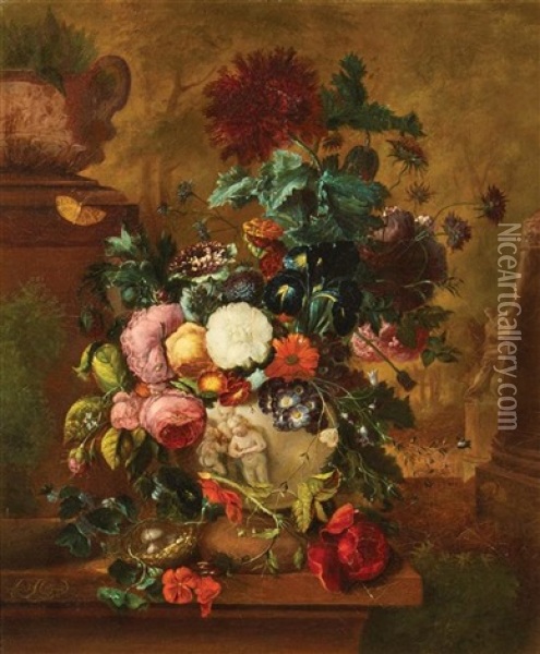 Still Life With Roses, Geraniums,  And Morning Glories In A Classical Vase Oil Painting - Justus van Huysum the Elder