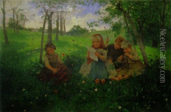 Spielende Kinder Auf Der Wiese Oil Painting - Conrad Grob