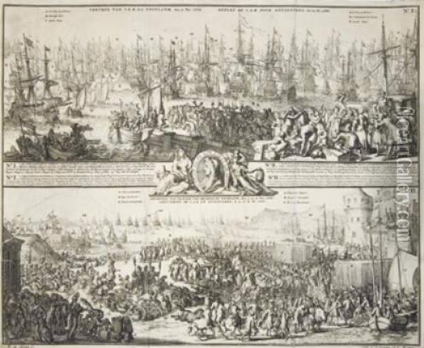 Hooge Aenkomst Van S.k.h.d.p Van Orangie In Engeland, Den 15. En 16 Nov. 1688.; And Lager-huys Van Engelandt Oil Painting - Romeyn de Hooghe