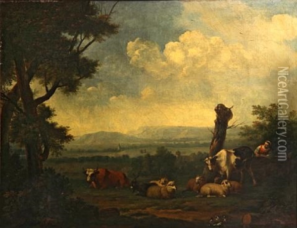 A Landscape With A Shepherdess And Animals By A Stream Oil Painting - Jan Kobell the Younger