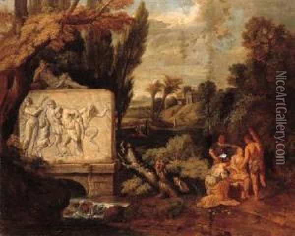 A Classical Landscape With 
Maidens Dancing By A Sarcophagusdepicting The Triumph Of Silenus; And A 
Classical Landscape Withfigures Resting By A Stream With A Sarcophagus 
Depicting Pan Andthe Drunken Silenus Oil Painting - Pieter Rysbrack