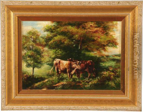 Two Cows By Hodgson Oil Painting - I. Hodgson