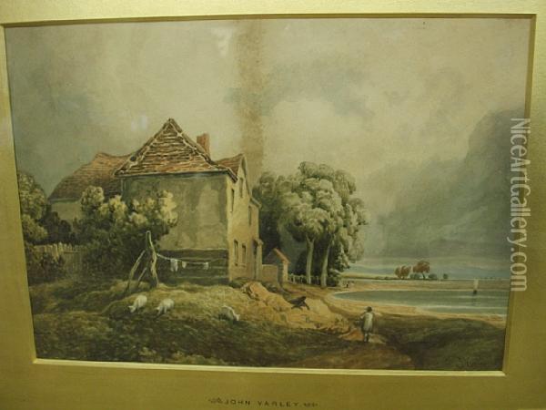 Cottage And Figures Beside A Pond, Signed Lower Right Oil Painting - John Varley