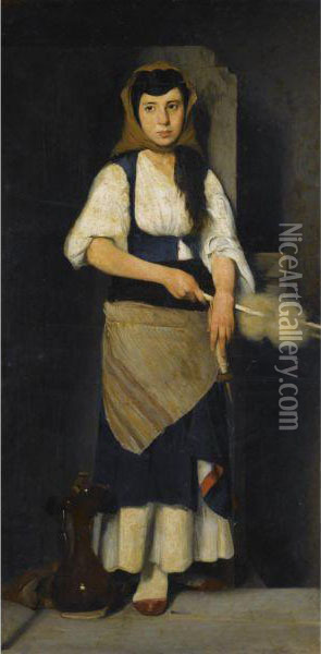 Girl With Distaff And Spindle Oil Painting - Polychronis Lembessis