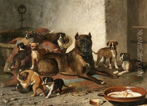 Bulldog And Litter Oil Painting - Bernard de Gempt